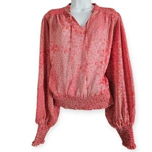 NWOT Maison Amelie pink red floral sheer smocked blouse top Womens Large